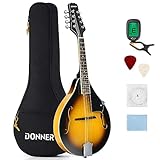 Donner A Style Mandolin Instrument Sunburst Beginner Adult Acoustic Mandolin Musical Instrument Mahogany 8 String, Bundle With Tuner String Bag Guitar Picks,DML-1